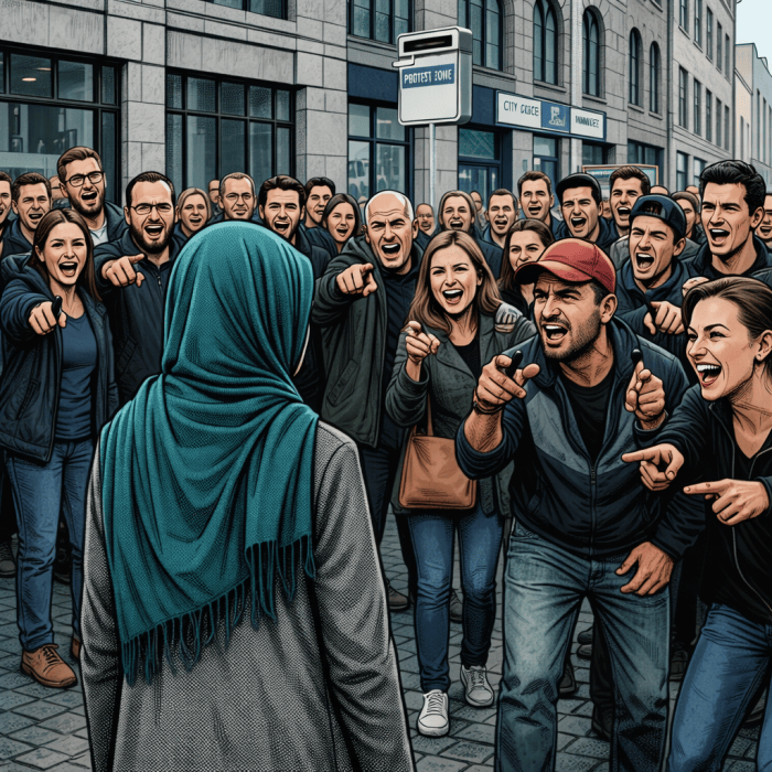 Woman in hijab standing solemnly while crowd behind her points and shouts