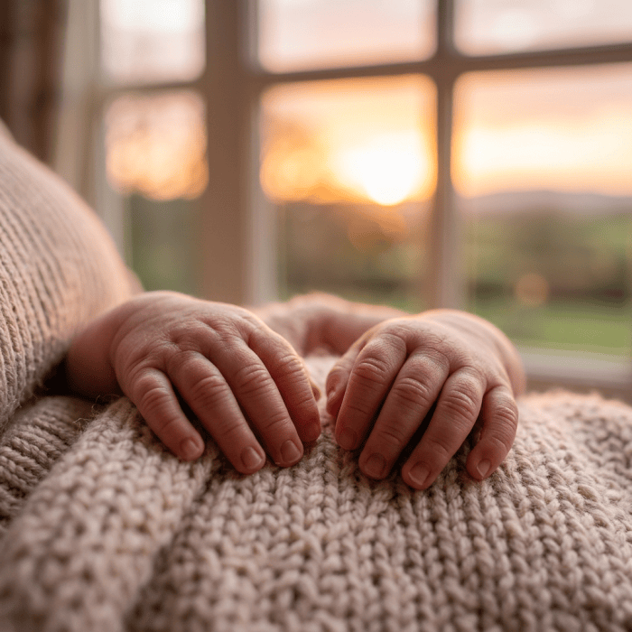 Pregnant woman in a beige dress looking out window at sunset